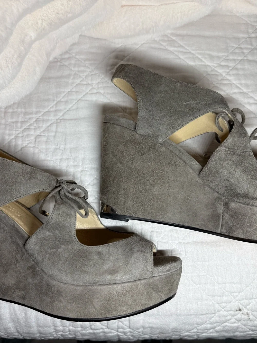 Jimmy Choo Gray Suede Peep-Toe Tie Wedge Sandals